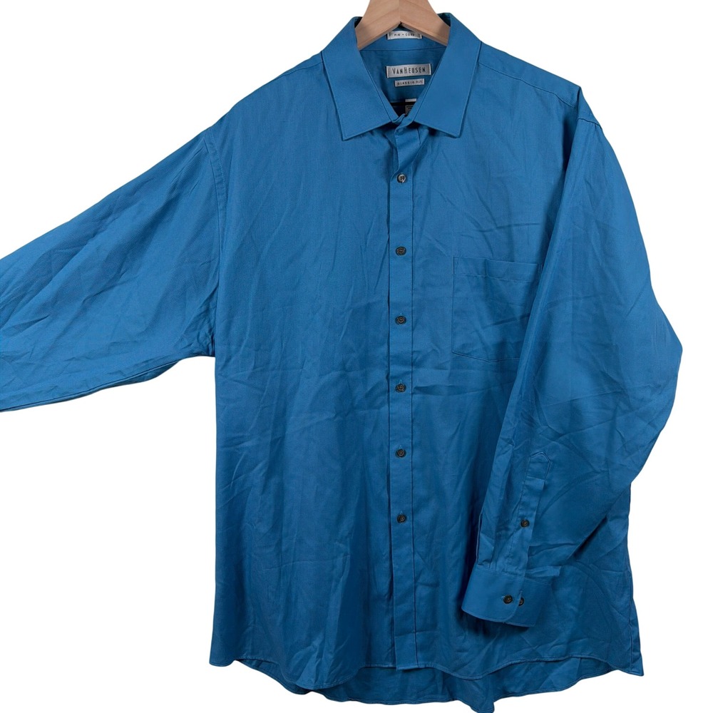 Van Heusen Pin Cord Dress Shirt Mens 17.5 34/35 Classic Fit Blue Wrinkle Free